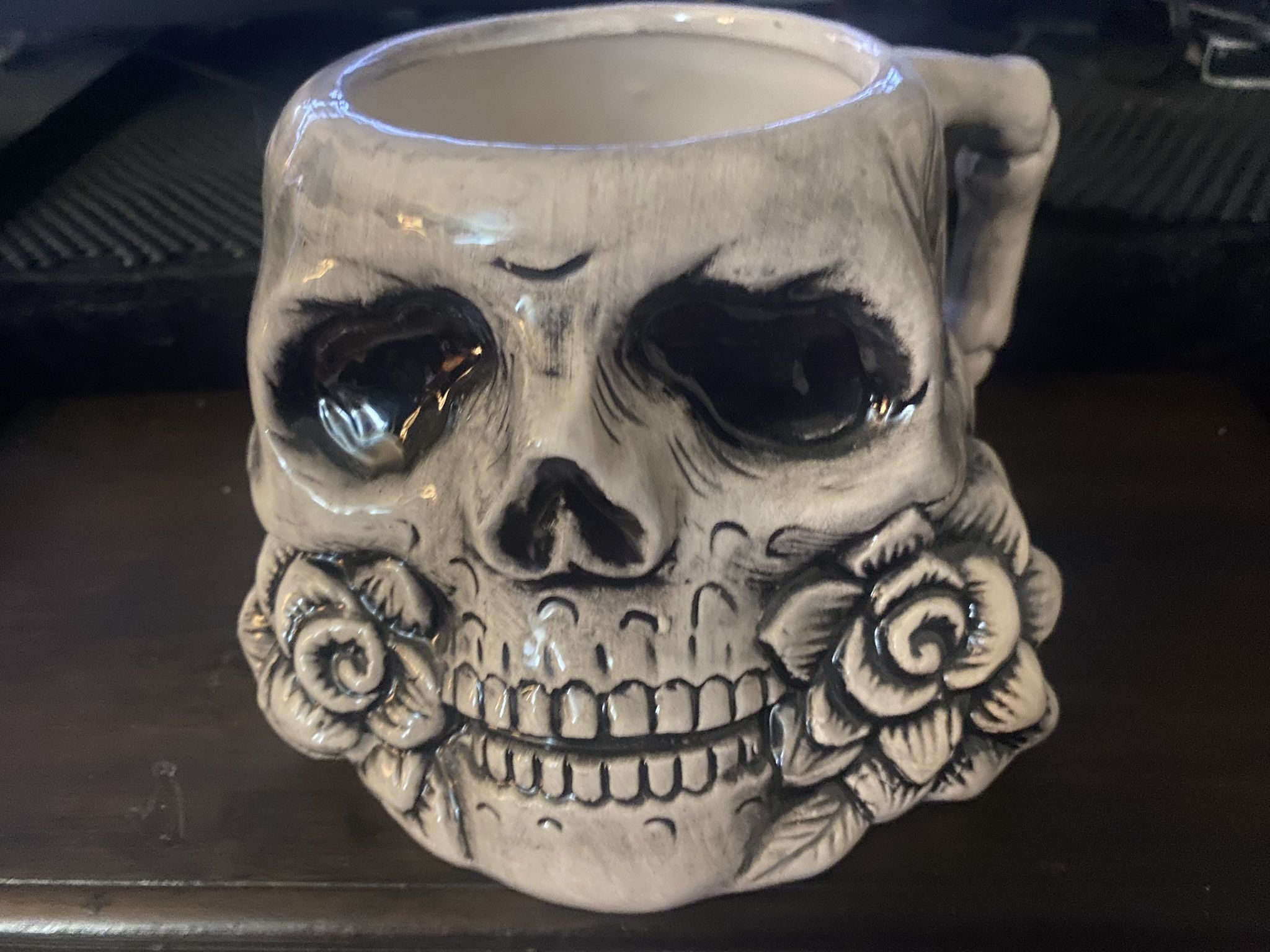 Three Skull Mugs With Day Of The Dead Details Flowers And Butterfly’s