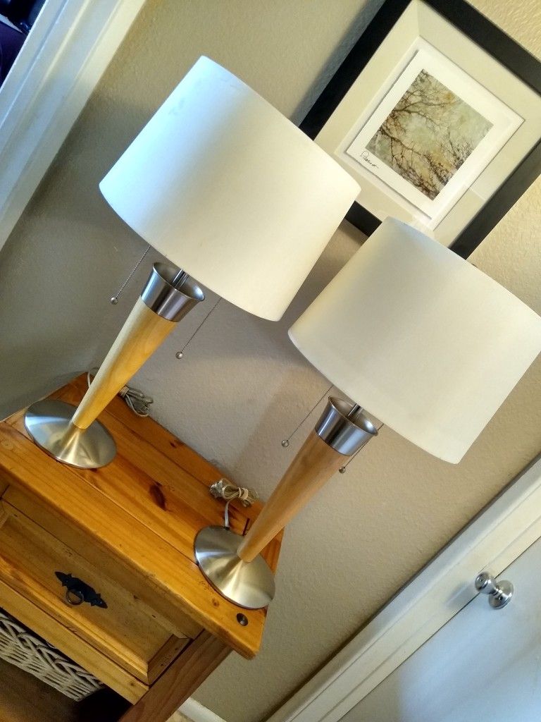 BEAUTIFUL VINTAGE 2PC. WOODEN/STAINLESS DOUBLE BULB LAMPS. EXCELLENT CONDITION! BOTH FOR $60!
