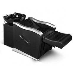 Salon Shampoo Bowl and Chair Backwash Unit with Ceramic Wash Bowl & Adjustable Footrest，Black