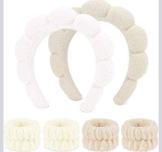 WHAVEL 6PCS Terry Cloth Spa Headband and Wristband Set, Makeup Puffy Sponge Face Wash Headband Hair Band Wrist Towels for Washing Face Women Girls (Be