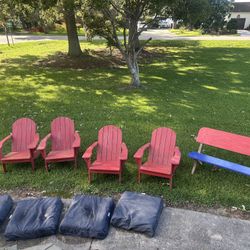 4 Adirondack Chairs,bench, And Cushions 