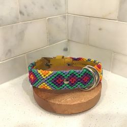 Handmade Dog Collar – 14” S – Yellow Leather & Multicolor Tribal Weave