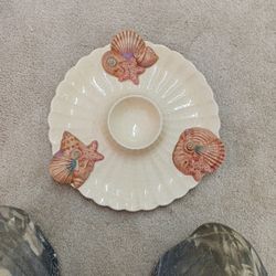 Omnibus Hand Painted Platter Seashells Beach Chips and Dip Shrimp Cocktail 14"