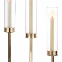 Hewory Gold Candle Holders Hurricane Candlestick Holders, 3 Pcs Brass Candle Stick Candle Holder Candelabra, Taper Candle Holders With Glass Candle Co