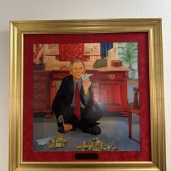 Framed George W. Bush Art Piece w/ Custom Gold Frame & Velvet Mat (Museum Glass)