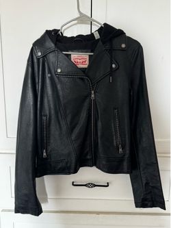 Levi’s Women’s Black Faux Leather Hooded Moto Jacket – Size L