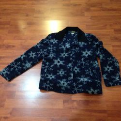 Navy Blue With Snowflakes Women’s Fleece Jacket Button Down With Pockets