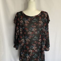 Free People Top Womens medium Dock Street Ruffles Black Floral Boho Romantic