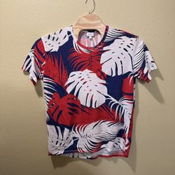 Women’s XL LuLaRoe Red White Navy Blue Tropical Palm Leaf Irma Shirt