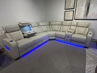 Gray Leather Power Reclining Sectional Sofa with LED & Bluetooth Speakers