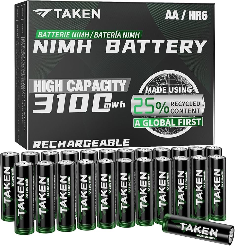 Taken Rechargeable AA Batteries 3100mWh 24-Pack NiMH High Capacity, Double A Batteries Made Using 25% Recycled Content, Recharge up to 2000x Times, Pr
