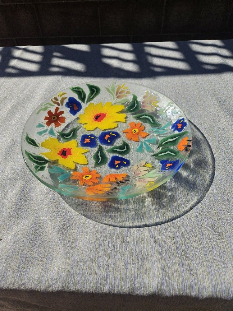 VINTAGE 1987 Signed Fireglass Art Glass Platter - 13” Large Floral