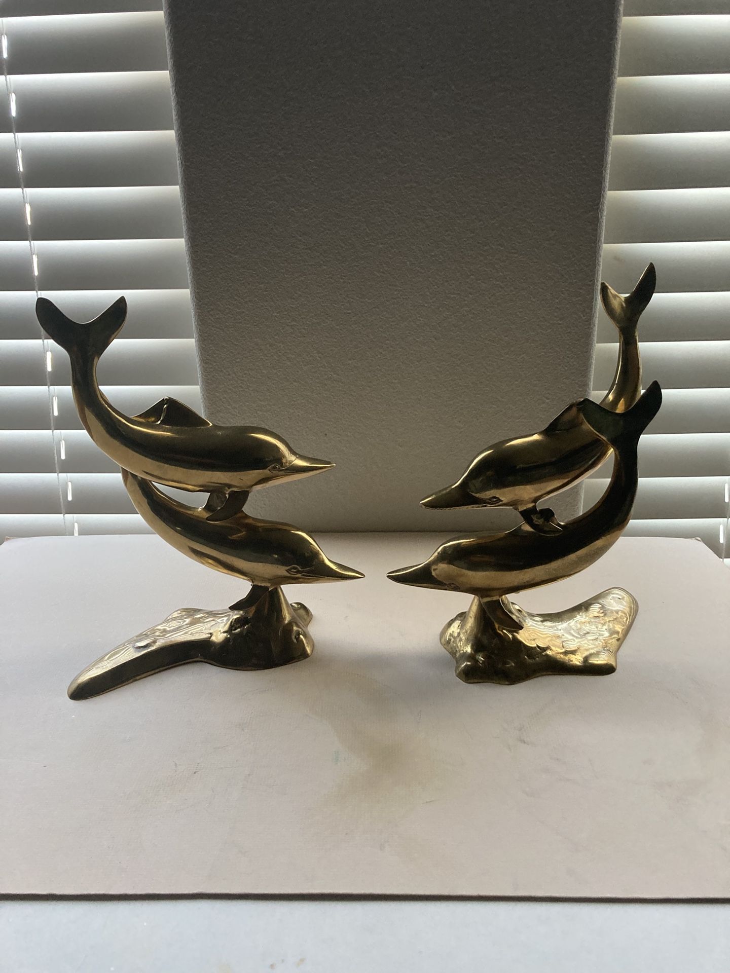 2 Set of Vintage Golden Brass Pair of Dolphins Sculpture, on a brass stand. Free Shipping. 11.25in x 8.5"x 5" deep