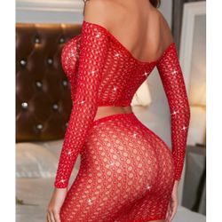 Red Fishnet Rhinestone See-Through Long Sleeve Stretch Two-Piece Set