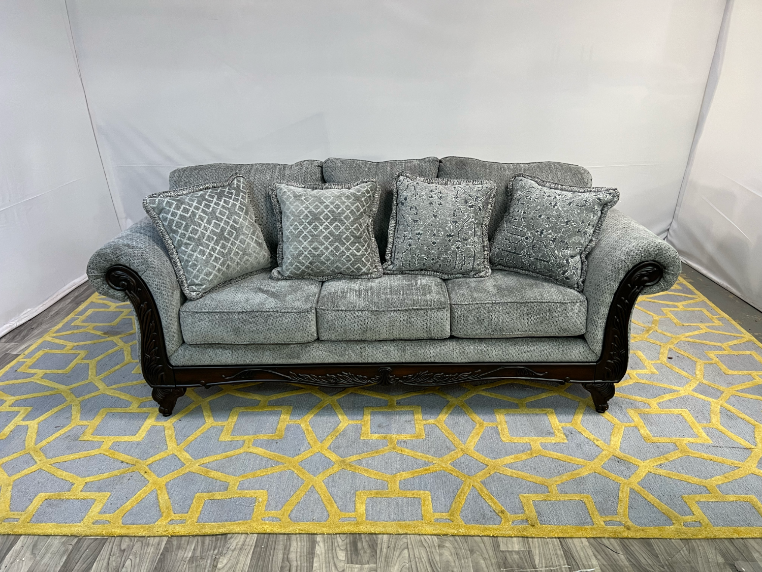 ( Delivery Available ) Hernen Light Gray Sofa with Curved Wood Frame