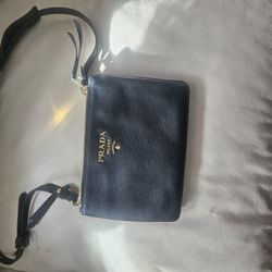Prada 1BN079 Black Double Zip Vitello Phenix Pebbled Leather Crossbody Bag