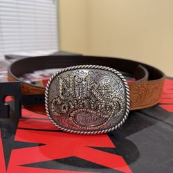 NEW Nike Country Rhinestone Plaque Buckle Leather Belt Brown Size Large