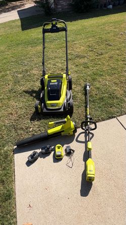Ryobi 18V Brushless Self Propelled Mower Trimmer and Blower Set