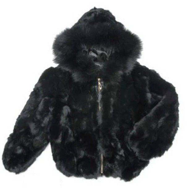 Kids Satin Rabbit Fur Hooded Bomber Jacket US size 10.