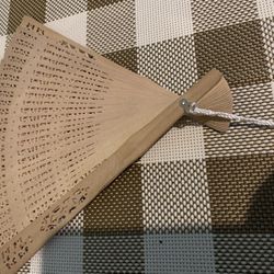 9 Inch Solid Wood Folding Fan W/ Accented Design Cutouts, White Tassel Attached By Metal Clip. Opens To 9 Inches