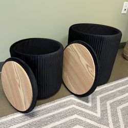 Black Velvet Ottoman with Storage Set of 2, Round Storage Ottoman Foot Rest, Black Makeup Vanity Chair, Small Vanity Stool with Storage, Pouf Ottomans