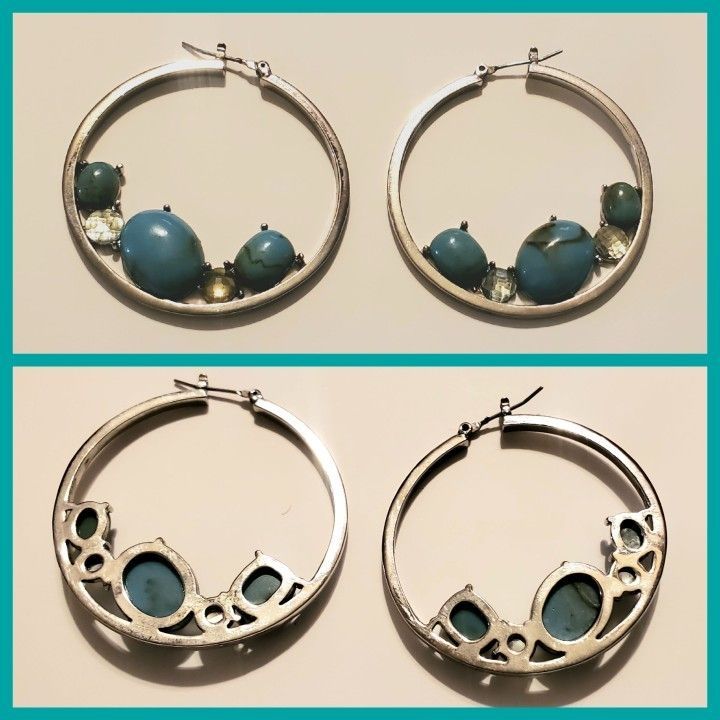 Earrings Silver hoops with turquoise stones.