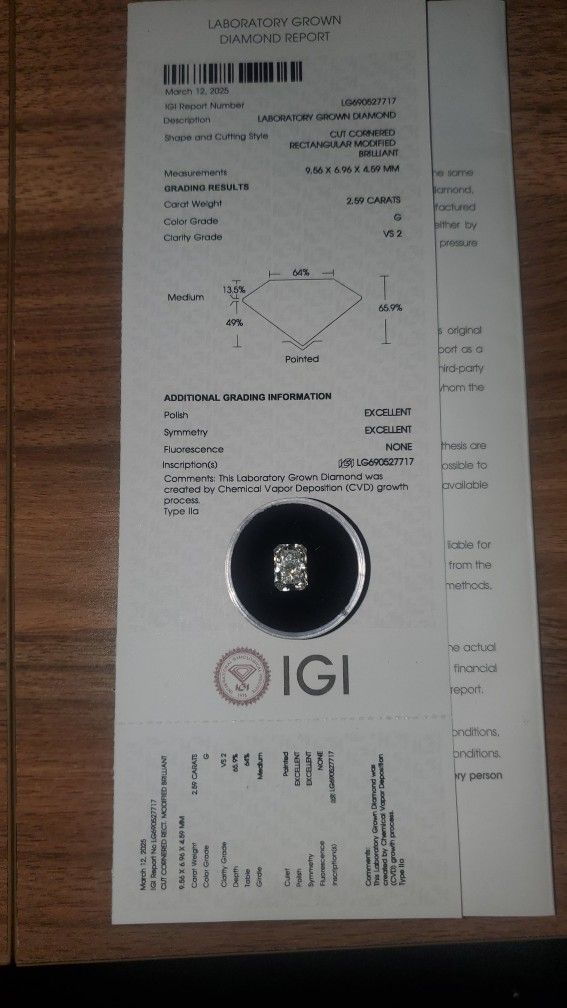 2.59ct Lab Diamond With IGI Certificate. 