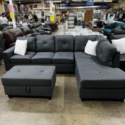 SALE!  3pc Sectional with Storage Ottoman (Reg. $900)  NEW IN BOXES - In Gray Or Black!