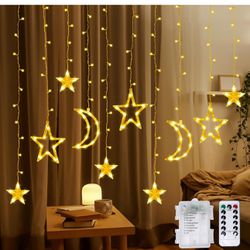 Fussion Star and Moon String Lights 138 Inch, LED Curtain String Lights with Remote, 8 Modes, Battery Operated Fairy Lights Window Lights for Indoor 