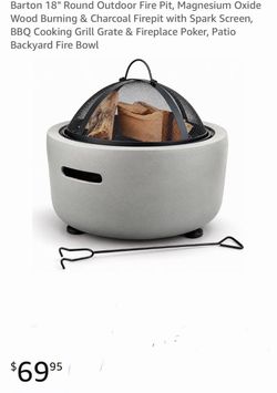 Barton 18" Round Outdoor Fire Pit, Magnesium Oxide Wood Burning & Charcoal Firepit with Spark Screen, BBQ Cooking Grill Grate & Fireplace Poker, Patio