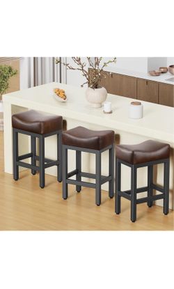 Raynesys Counter Height Bar Stools Set of 3, 24 Inch Barstools for Kitchen Island Counter, Bonded Leather Kitchen Stools with Thick Saddle Seats & Hea