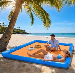 Large Beach Blanket with Pillow, 79 x 83 in, Sandproof, Blue-Orange Portable beach mat with raised side walls; doubles as a camping sleeping mat for f