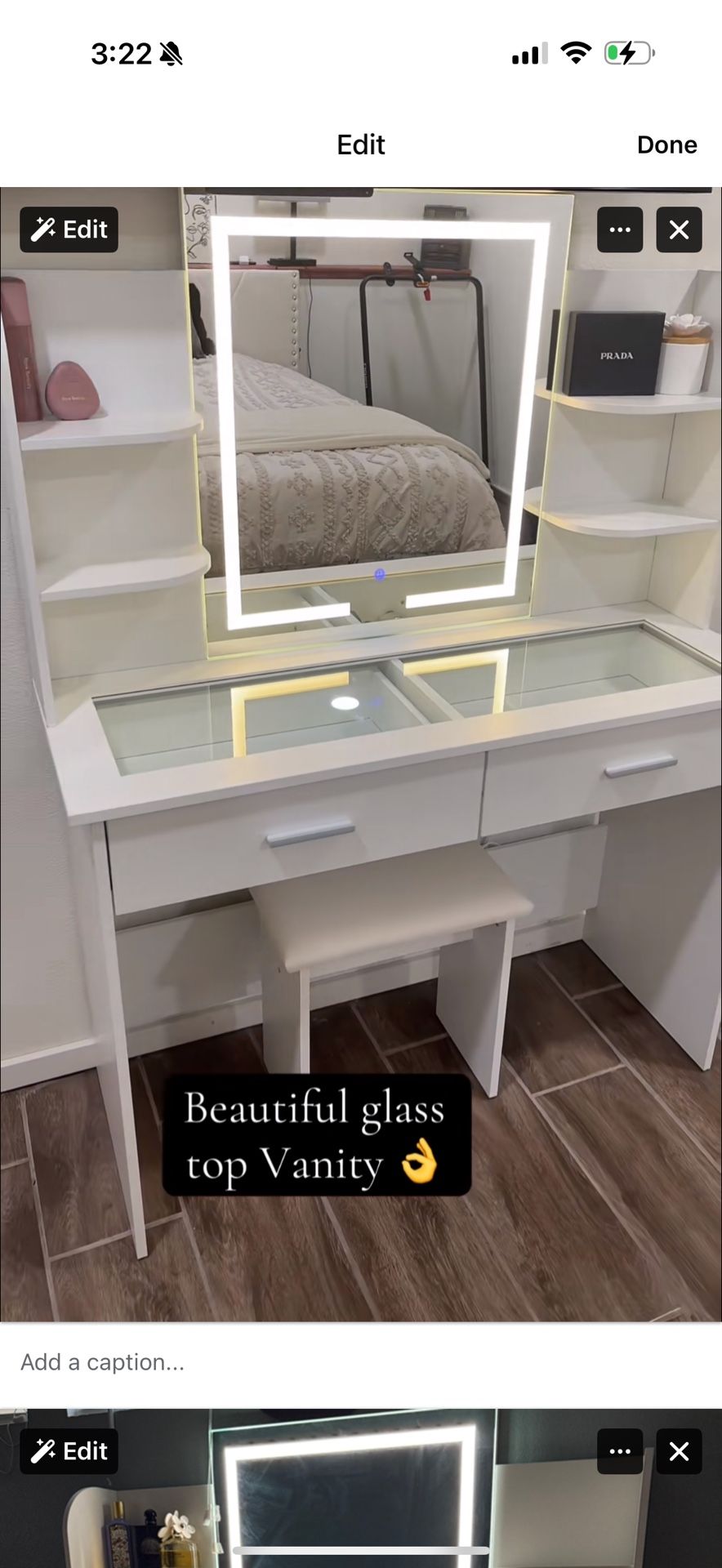 Vanity with glass table top