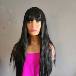 Black Synthetic Wig New With Bangs 24" New