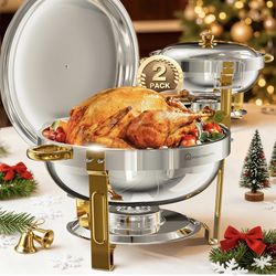 WARMOUNTS Round Chafing Dishes for Buffet 2 Pack, 5QT Gold Stainless Steel Chafers and Buffet Warmers Sets with Lid Holder, Rolled Rim Process, Stacka