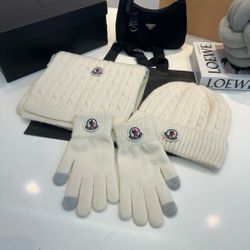 Moncler White Beanie+Scarf+gloves Set
