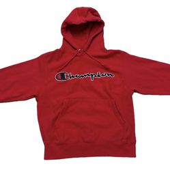 Vintage Champion Men’s Red Classic Logo Reverse Weave Fleece Hoodie Size Small