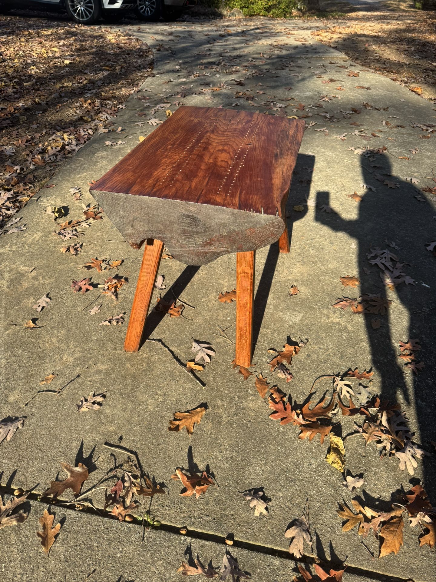 Unique mid-century live edge wood coffee table cribbage table