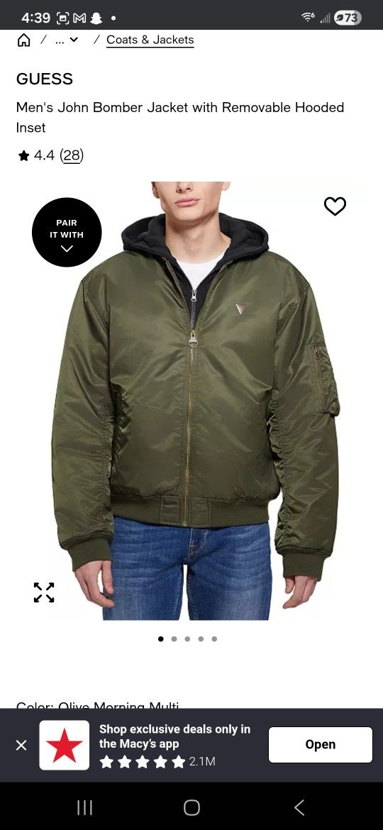 Guess Mens Bomber Jacket With Removable Hood Size Medium