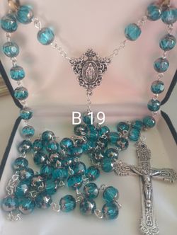 Aqua Colored Crystal Bead Rosary. B 19