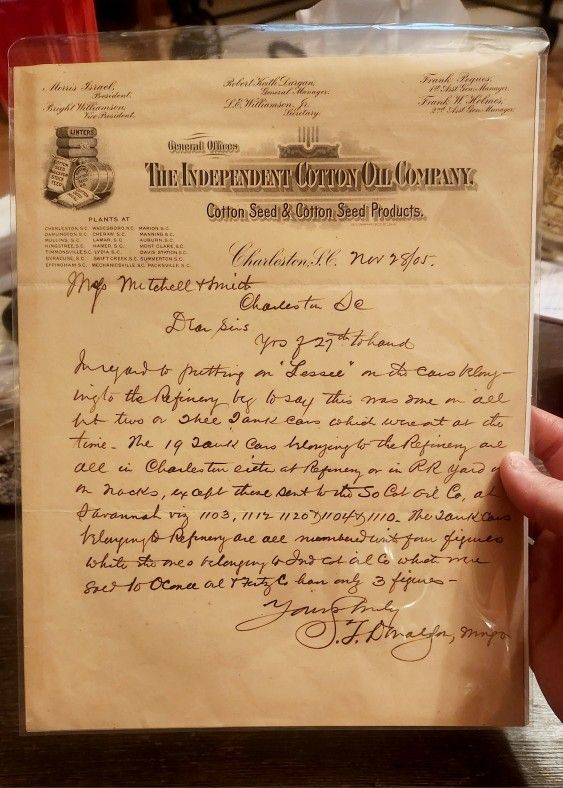 1905 Charleston Letter Re: Independent Cotton Oil Company