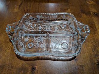 Vintage Etched Glass Divided Relish Tray with Handles