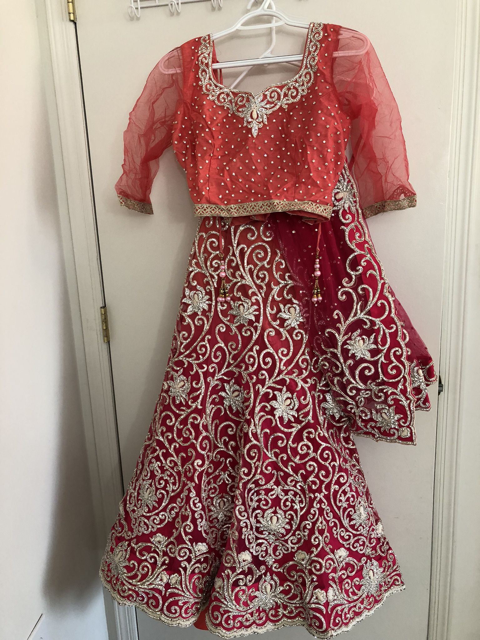 Gorgeous Peach/Pink Ombré Indian Outfit With Diamond work (Blouse, Skirt And Duppatta)