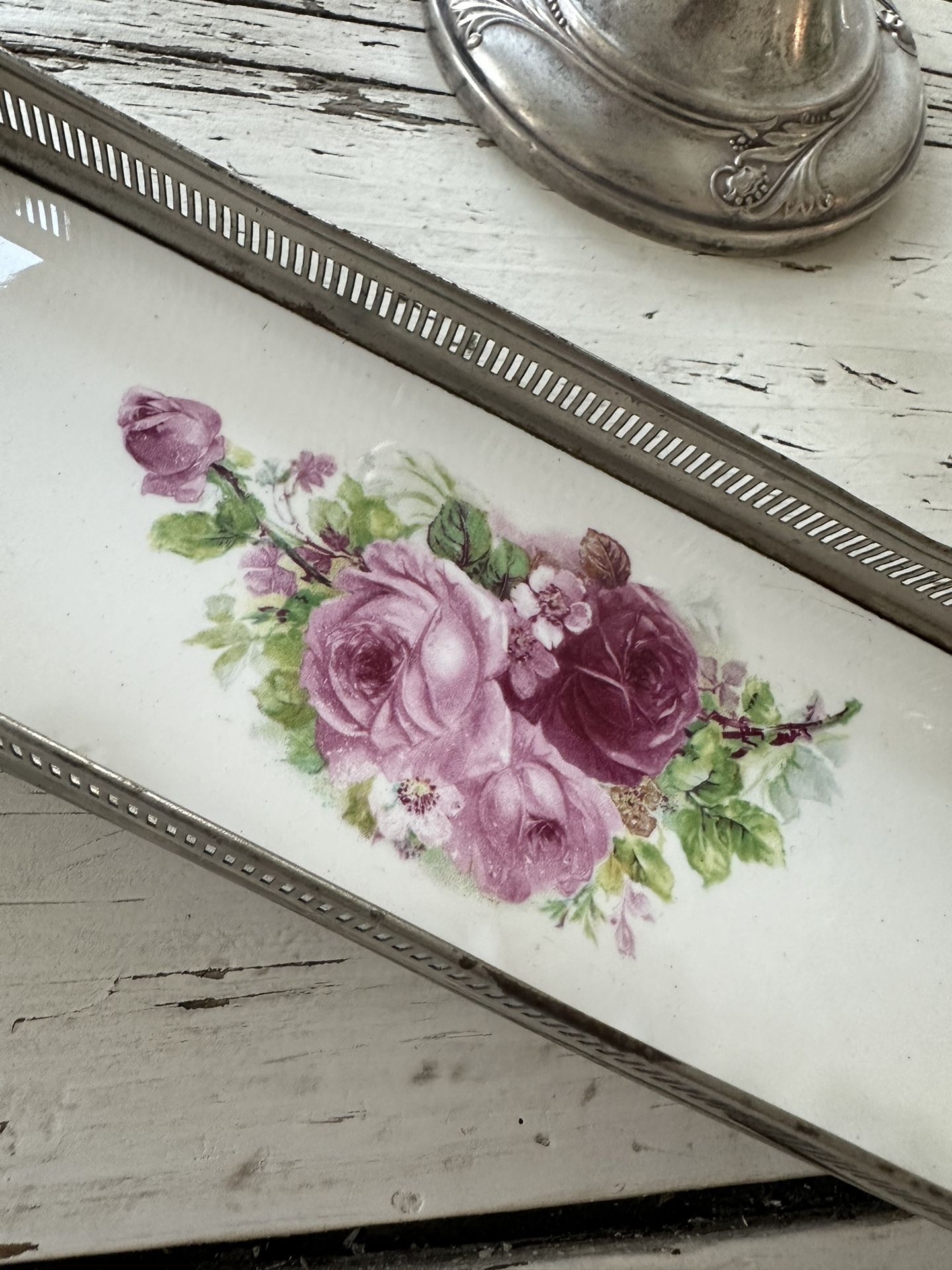 Gorgeous, Antique Porcelain And Silver Dresser Tray