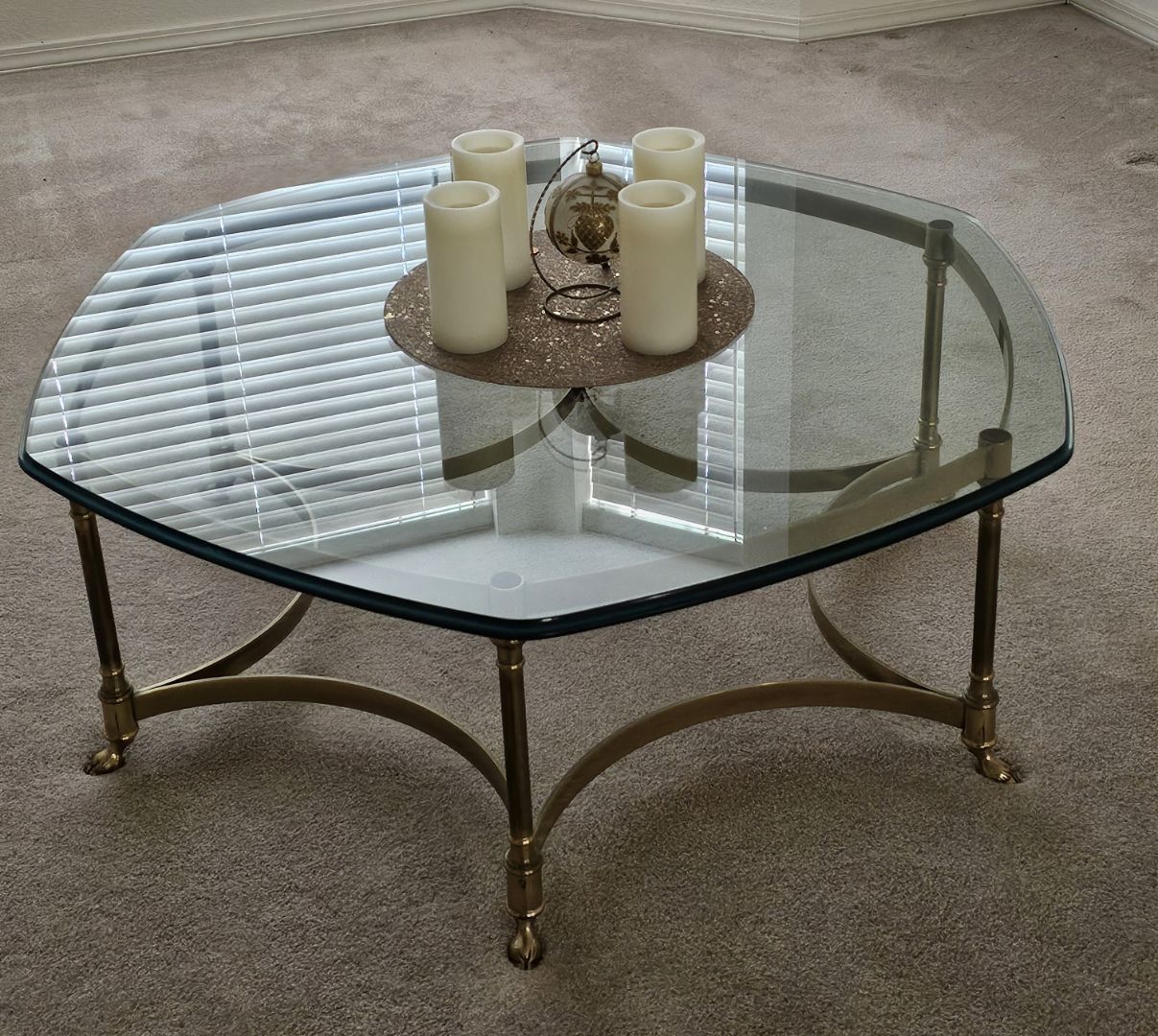 Hexagonal glass top, brass base coffee table