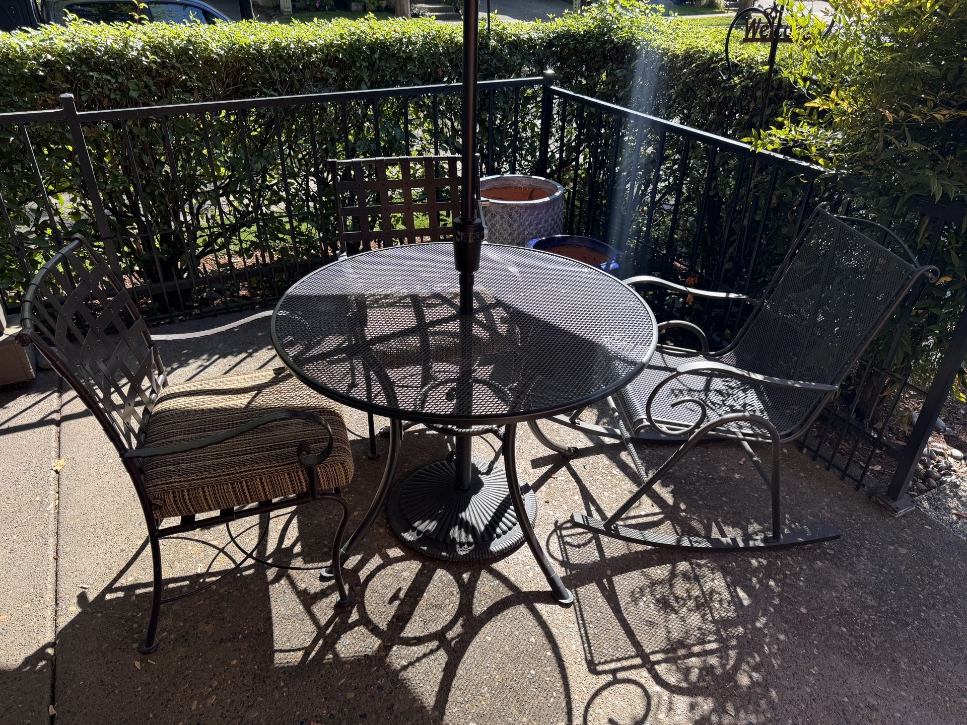 Patio Table, chairs, Rocker, & Umbrella