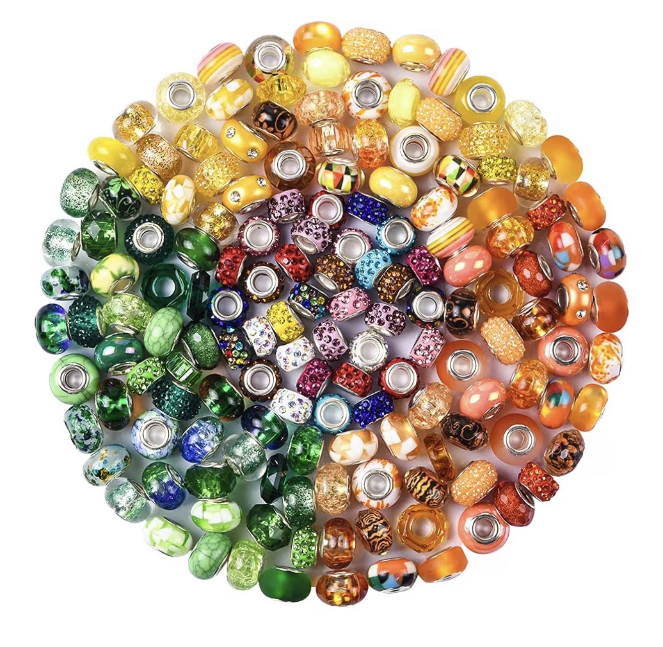 Aipridy Assortment European Large Hole Beads Spacer Beads Rhinestone Craft Beads for DIY Charms Bracelet Jewelry Making (Green-Orange-Lemon)
