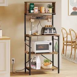 Bestier Rustic Brown 5-Tier Wood 23.6 in. W Baker's Rack with Power Outlet and Hooks