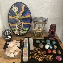 Complete Spiritual Home Decor & Healing Crystal Bundle - UFO Art, Selenite, Tiger’s Eye