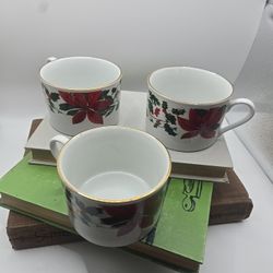 3 Coffee Mugs Holiday Poinsettia Cups
